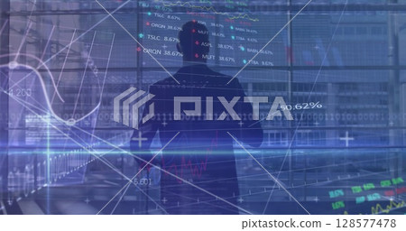 Image of financial data processing over caucasian businessman with luggage walking 128577478