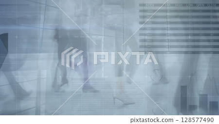 Image of financial data processing over business people walking 128577490