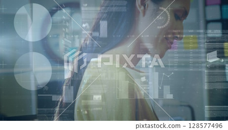 Image of data processing over biracial businesswoman in office 128577496