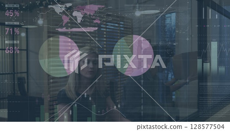 Image of financial data processing over diverse group of business people talking Image of financial data processing over diverse group of business people talking 128577504
