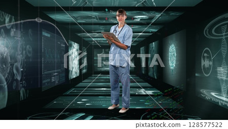 Image of biracial female doctor over data processing 128577522