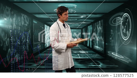 Image of biracial male doctor over data processing Image of biracial male doctor over data processing 128577525