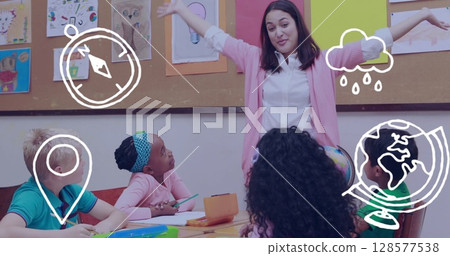 Image of school items icons over caucasian female teacher with diverse schoolchildren talking 128577538