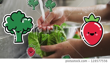 Image of fruit and vegetables icons over caucasian woman washing vegetables 128577556
