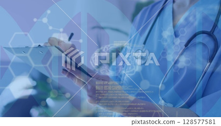 Image of medical data processing over caucasian doctor with clipboard 128577581
