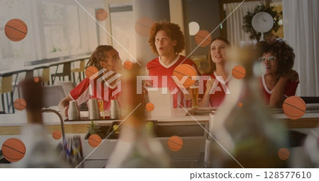Image of basketball icons over smiling diverse friends watching tv and drinking beer Image of basketball icons over smiling diverse friends watching tv and drinking beer 128577610