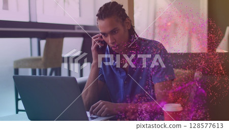 Image of spots over biracial businessman talking on smartphone 128577613