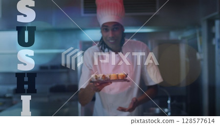 Image of sushi text over happy biracial male chef preparing sushi 128577614