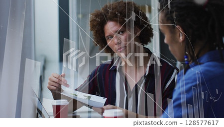 Image of data processing over diverse businessmen talking 128577617