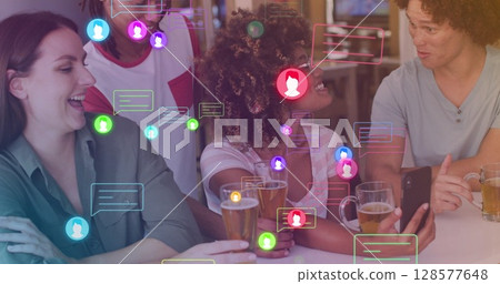 Image of media icons over happy diverse friends drinking beer Image of media icons over happy diverse friends drinking beer 128577648