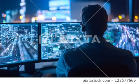 holographic globe showing real-time cargo ship status, 128577669