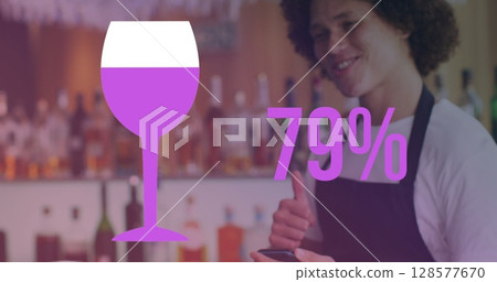 Image of glass with percentage icon over caucasian woman paying with credit card 128577670