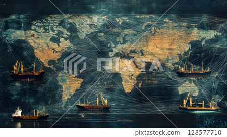 holographic globe showing real-time cargo ship status, holographic globe showing real-time cargo ship status, 128577710