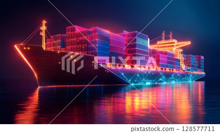 holographic globe showing real-time cargo ship status, 128577711