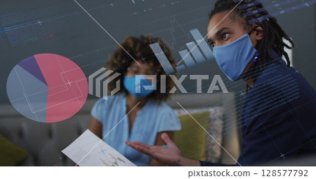 Image of data processing over biracial businessman with face mask Image of data processing over biracial businessman with face mask 128577792