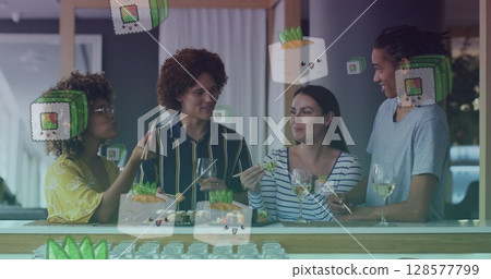 Image of sushi icons over happy diverse friends eating sushi Image of sushi icons over happy diverse friends eating sushi 128577799
