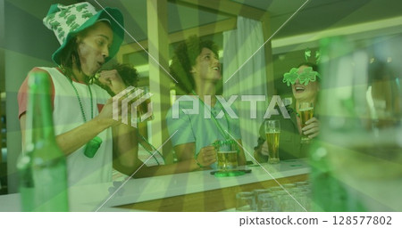 Image of green lines over happy diverse friends wearing clover shape items and drinking beer Image of green lines over happy diverse friends wearing clover shape items and drinking beer 128577802