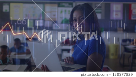 Image of financial data processing over biracial female teacher using laptop Image of financial data processing over biracial female teacher using laptop 128577829