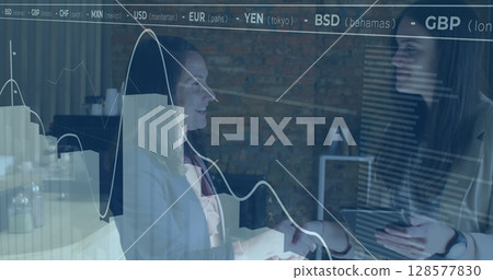 Image of financial data processing over diverse businesswomen using tablet 128577830