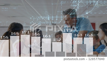 Image of statistics and mathematical equations over caucasian male teacher and school children 128577840
