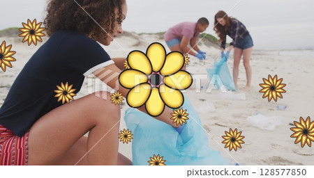 Image of flowers over diverse female volunteers picking up rubbish on beach Image of flowers over diverse female volunteers picking up rubbish on beach 128577850