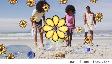 Image of flowers over african american female and male volunteers picking up rubbish on beach Image of flowers over african american female and male volunteers picking up rubbish on beach 128577865