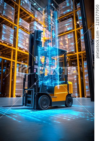 smart forklift lifting cargo with digital sensors visualized, smart forklift lifting cargo with digital sensors visualized, 128577950