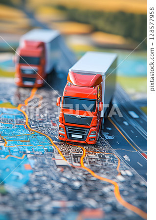 3D truck route planning map, vertical layout, 128577958
