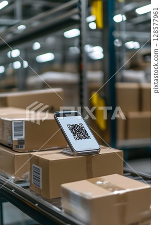 QR scanning system on packages for traceability, QR scanning system on packages for traceability, 128577961