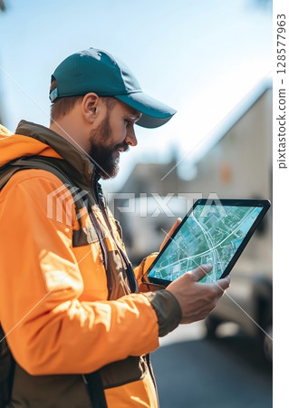 express delivery man holding smart tablet showing hologram route, express delivery man holding smart tablet showing hologram route, 128577963