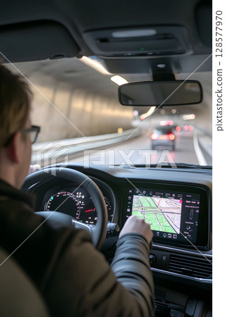 driver using dashboard navigation with live traffic, 128577970