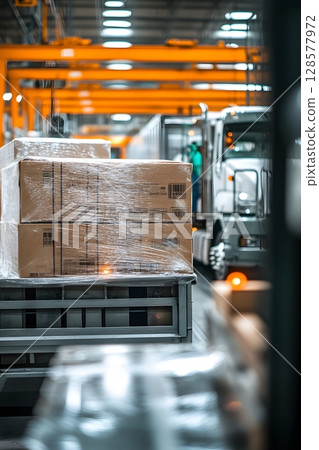 cargo loading from warehouse to truck, real-time metrics shown, 128577972