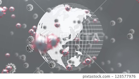 Image of virus cells and globe on gray background 128577976