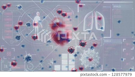 Image of virus cells and data processing on blue background 128577979