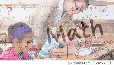 Math text banner and mathematical equations against female teacher teaching students 128577981