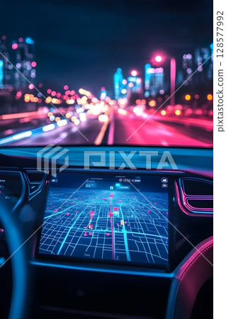 self-driving taxi interface showing passenger destination, self-driving taxi interface showing passenger destination, 128577992