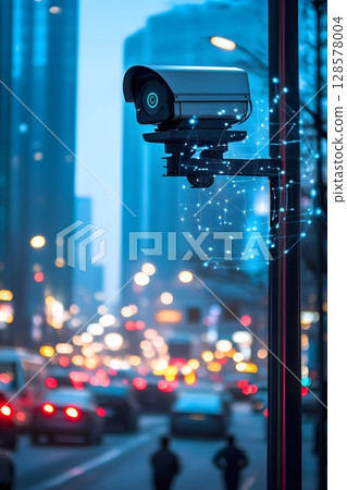 smart traffic monitoring camera in city, AI data shown, 128578004