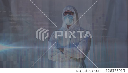 Image of data processing over caucasian male doctor with face mask 128578015