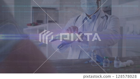 Image of data processing over caucasian male doctor with face mask and gloves 128578028
