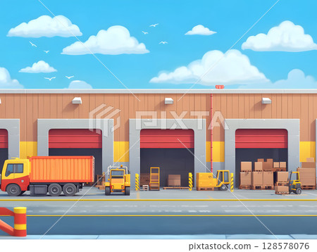 flat warehouse with delivery trucks and forklifts, 128578076