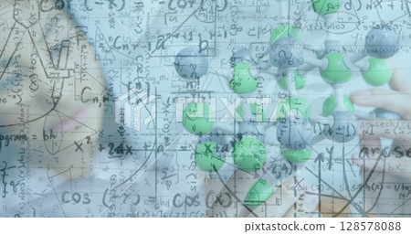 Image of mathematical equations over caucasian woman with models in classroom 128578088