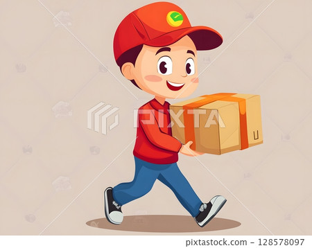 courier employee with package in hand, flat cartoon, courier employee with package in hand, flat cartoon, 128578097