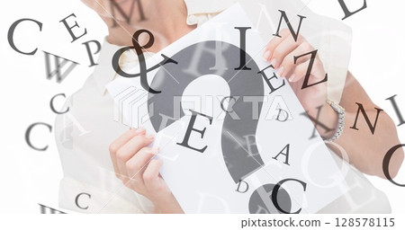 Image of english text and letters over caucasian woman Image of english text and letters over caucasian woman 128578115