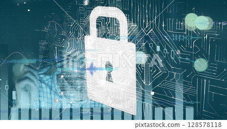 Image of data processing and caucasian businessman over padlock Image of data processing and caucasian businessman over padlock 128578118