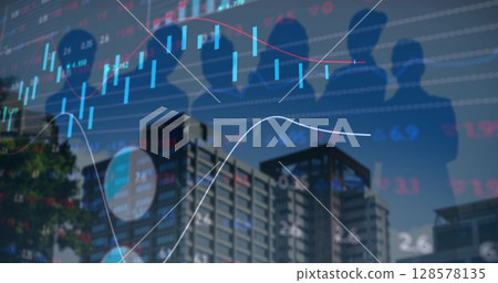 Image of financial data and graphs over cityscape and people silhouettes Image of financial data and graphs over cityscape and people silhouettes 128578135