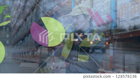 Image of graphs and financial data over caucasian male warehouse worker 128578136