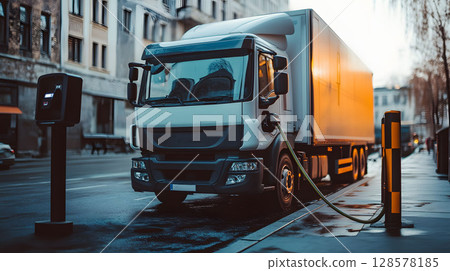 electric delivery truck charging at station in clean city, electric delivery truck charging at station in clean city, 128578185