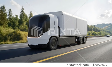 autonomous delivery truck on highway with sensors shown, 128578270