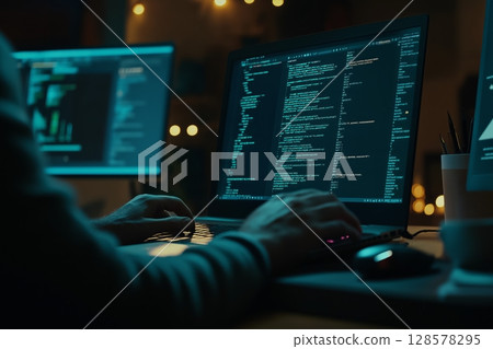 Coder Working Late at Night in a Dimly Lit Office With Multiple Screens Displaying Code and Data Analysis 128578295