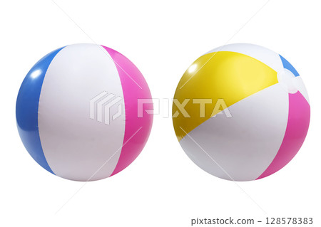 Colorful beach balls for summer fun and play isolated on a white background. Summer concept Colorful beach balls for summer fun and play isolated on a white background. Summer concept 128578383